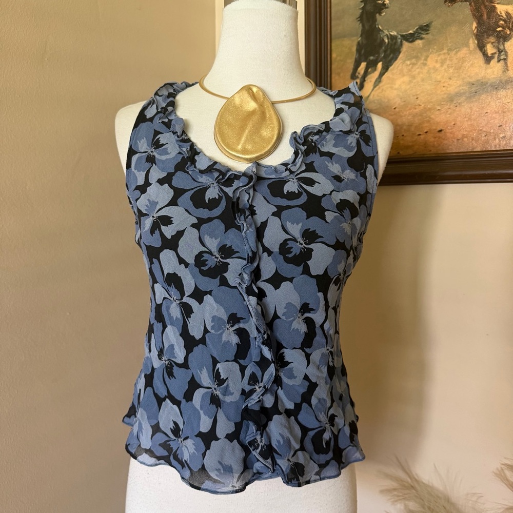 Sleeveless Floral Silk Ruffle Blouse Blue